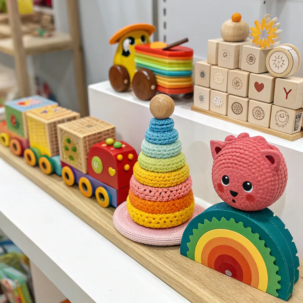 Display of colorful handmade toys